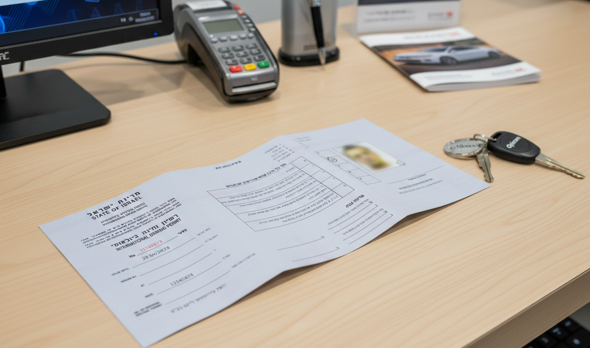 רישיון נהיגה בינלאומי מונח על דלפק השכרת רכב בחו"ל