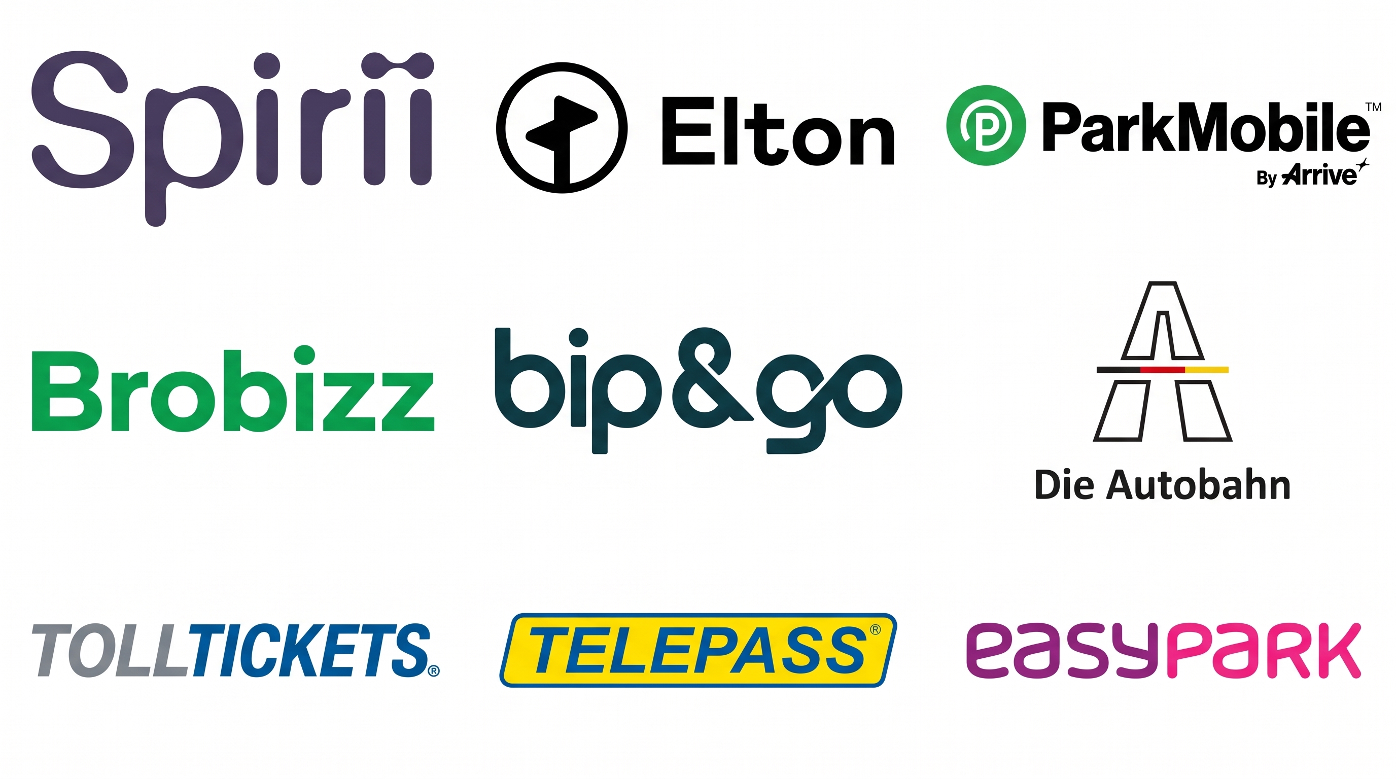 Logos of Spirii, Elton, ParkMobile, Brobizz, bip&go, Die Autobahn, TOLLTICKETS, TELEPASS, easypark apps