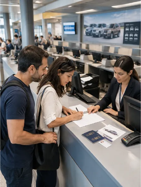 זוג ישראים חותמים על חוזה השכרת רכב בדלפק השכרה בחו"ל